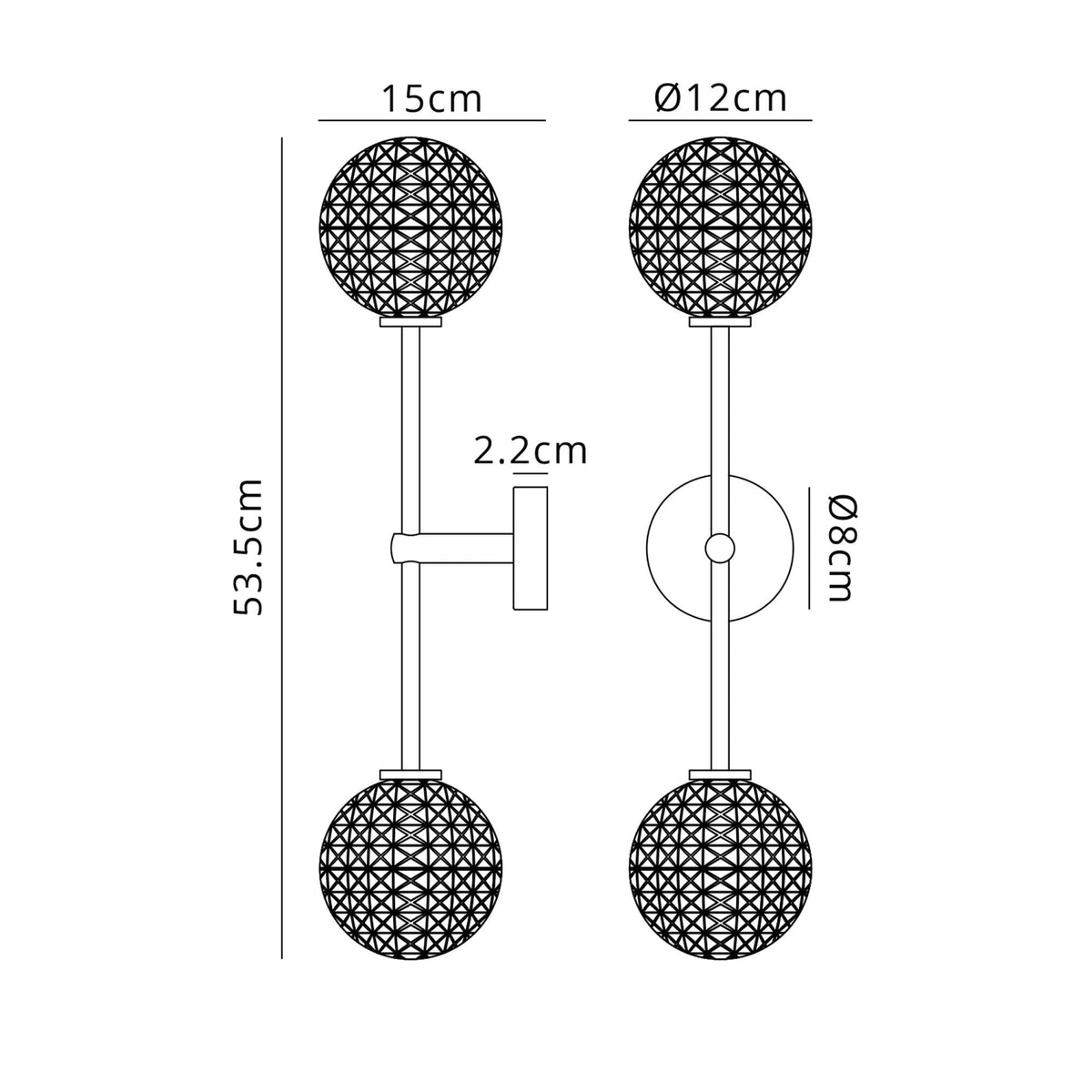 Tenterden Tall Twin Arm IP44 Wall Light in Satin Black with Cross Pattern Round Clear Glass Diffusers