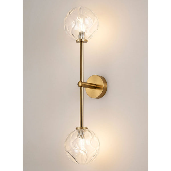 Tenterden Tall Twin Arm IP44 Wall Light in Brass Gold with Waved Round Clear Glass Diffusers