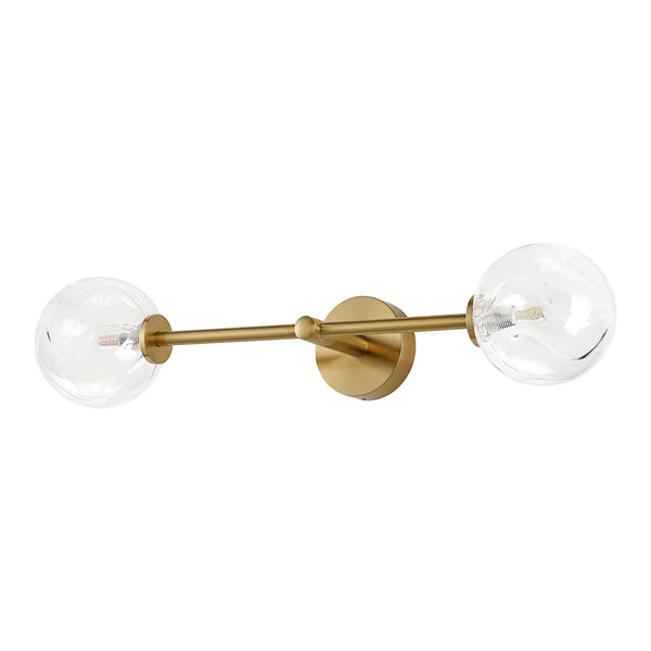 Tenterden Tall Twin Arm IP44 Wall Light in Brass Gold with Waved Round Clear Glass Diffusers
