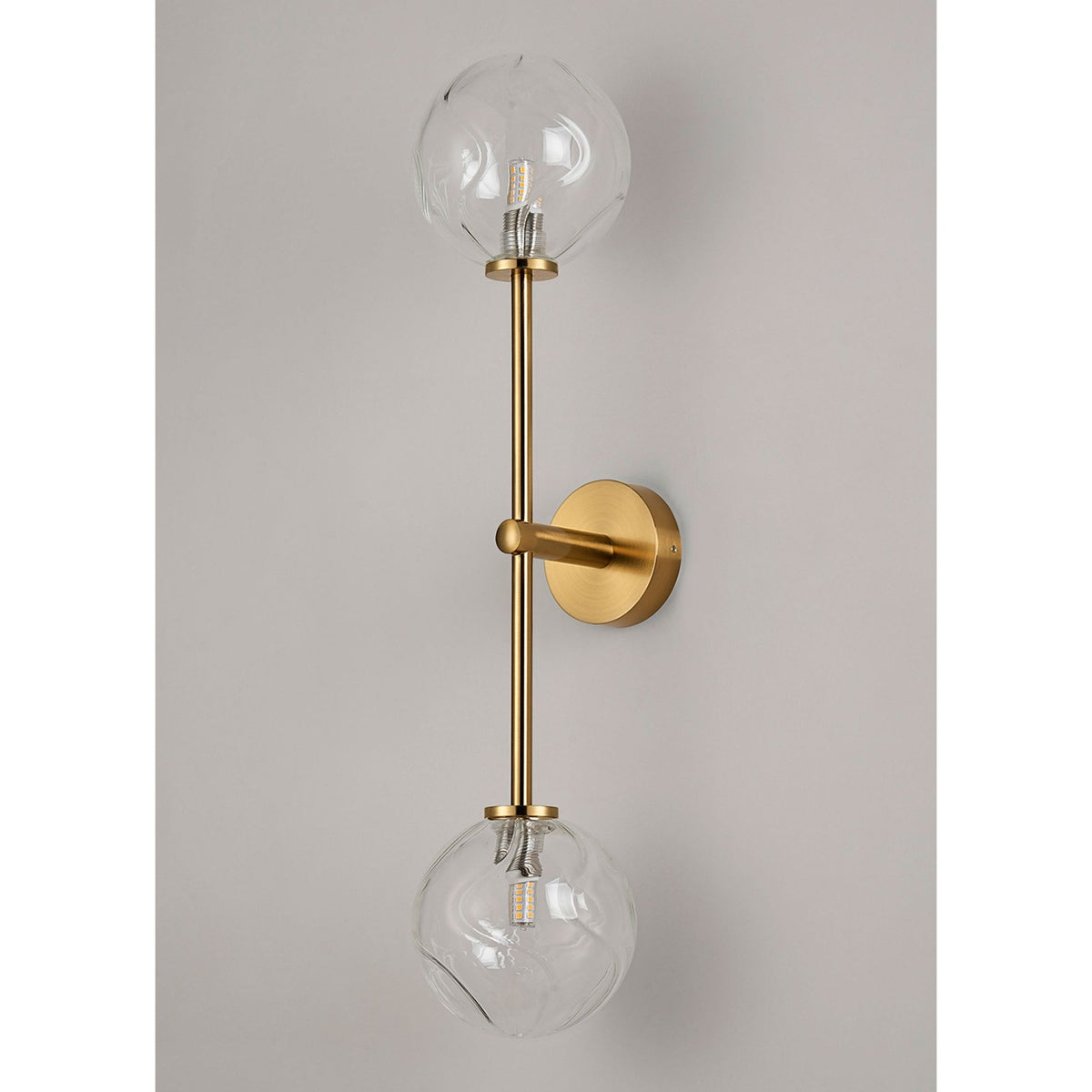 Tenterden Tall Twin Arm IP44 Wall Light in Brass Gold with Waved Round Clear Glass Diffusers