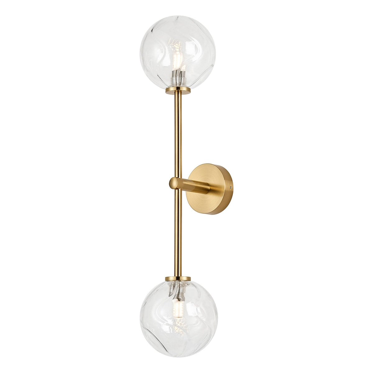 Tenterden Tall Twin Arm IP44 Wall Light in Brass Gold with Waved Round Clear Glass Diffusers
