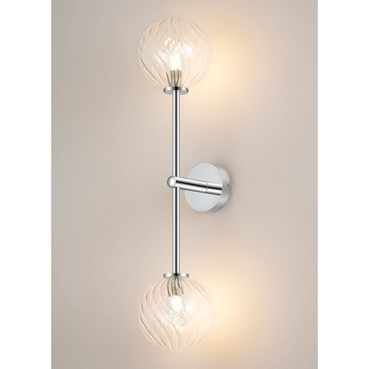 Tenterden Tall Twin Arm IP44 Wall Light in Chrome with Swirl Round Clear Glass Diffusers