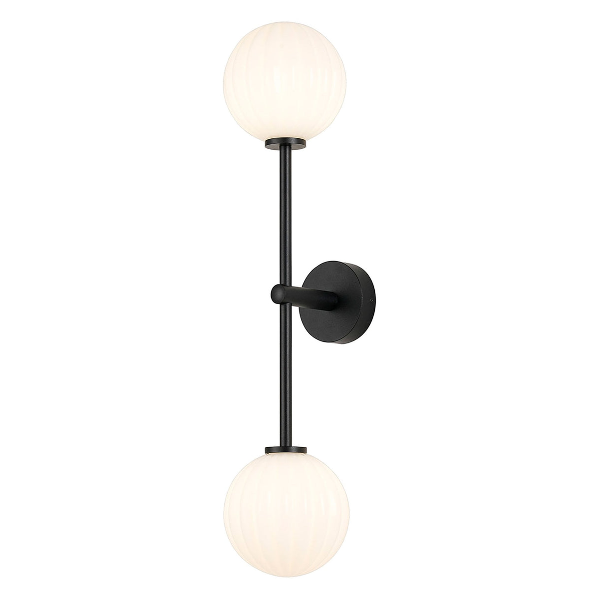 A modern black wall light with two ribbed white globe shades on a white background.