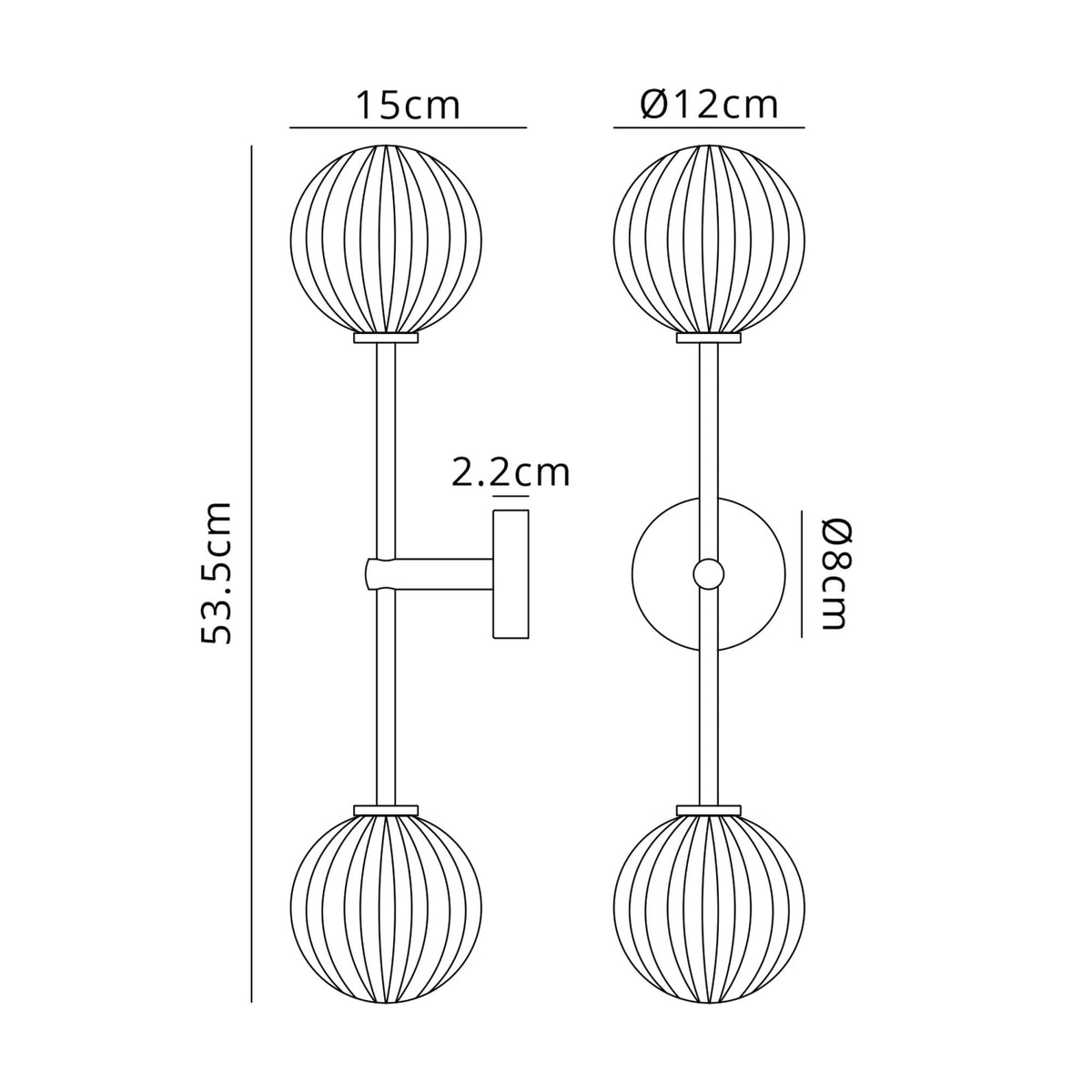 Line drawing with dimensions for a vertical twin globe wall light.