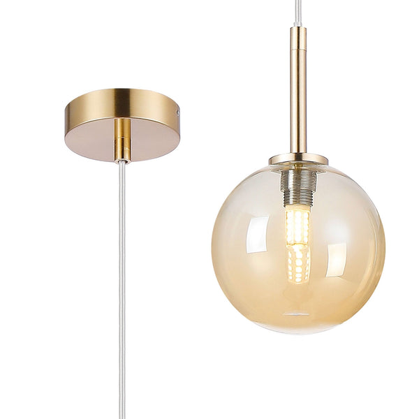 Tenterden Single Drop Pendant in Brass Gold with Smooth Round Amber Glass Diffuser