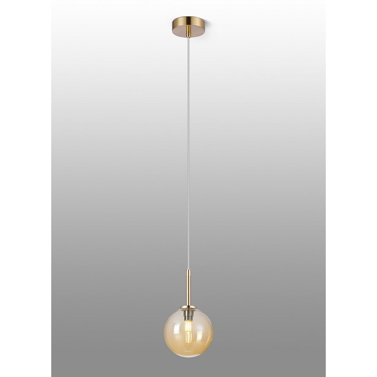 Tenterden Single Drop Pendant in Brass Gold with Smooth Round Amber Glass Diffuser