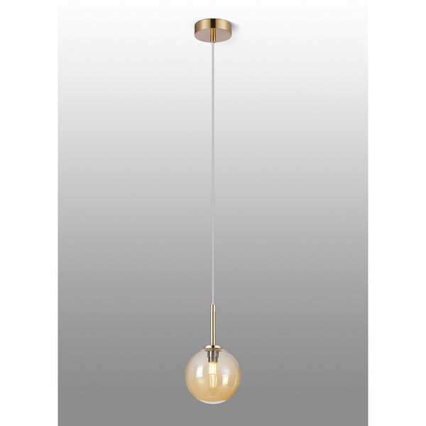 Tenterden Single Drop Pendant in Brass Gold with Smooth Round Amber Glass Diffuser