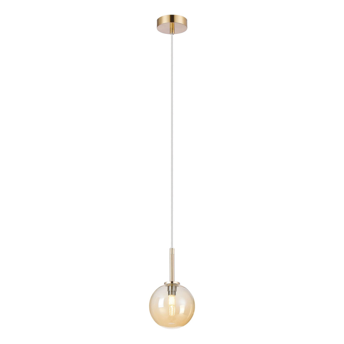 Tenterden Single Drop Pendant in Brass Gold with Smooth Round Amber Glass Diffuser