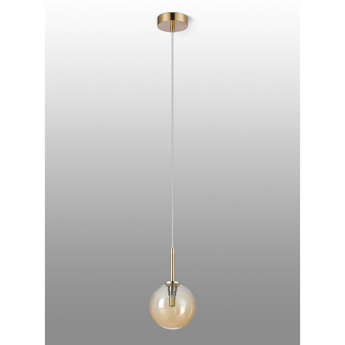 Tenterden Single Drop Pendant in Brass Gold with Smooth Round Amber Glass Diffuser