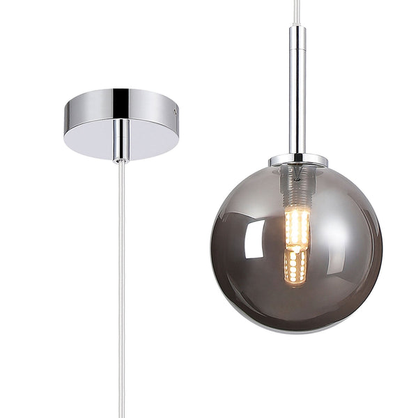 Tenterden Single Drop Pendant in Chrome with Smooth Round Smoke Glass Diffuser