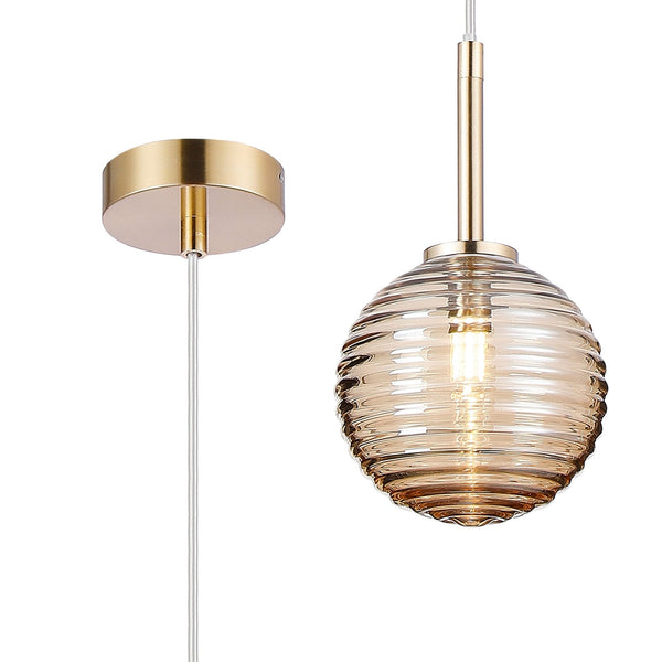 Tenterden Single Drop Pendant in Brass Gold with Ribbed Round Amber Glass Diffuser