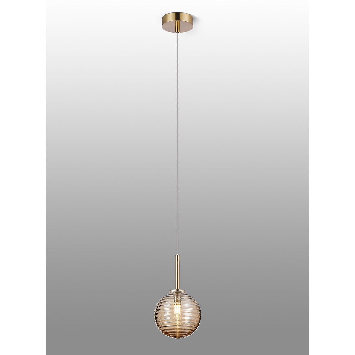 Tenterden Single Drop Pendant in Brass Gold with Ribbed Round Amber Glass Diffuser