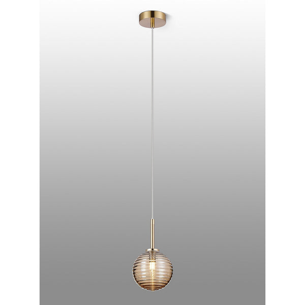 Tenterden Single Drop Pendant in Brass Gold with Ribbed Round Amber Glass Diffuser