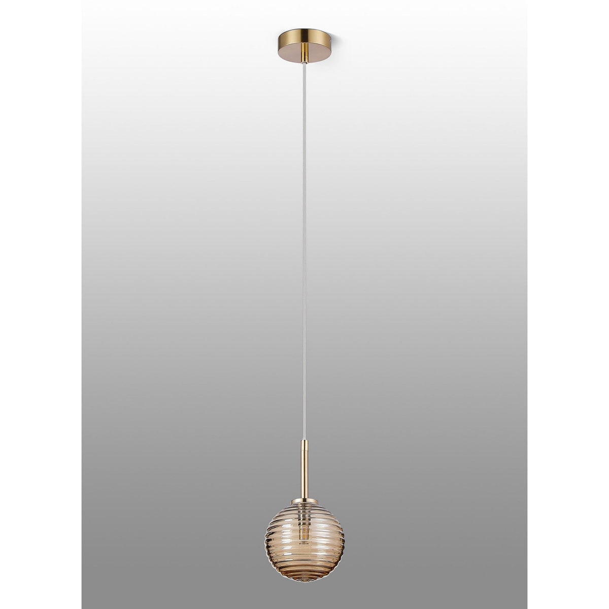 Tenterden Single Drop Pendant in Brass Gold with Ribbed Round Amber Glass Diffuser