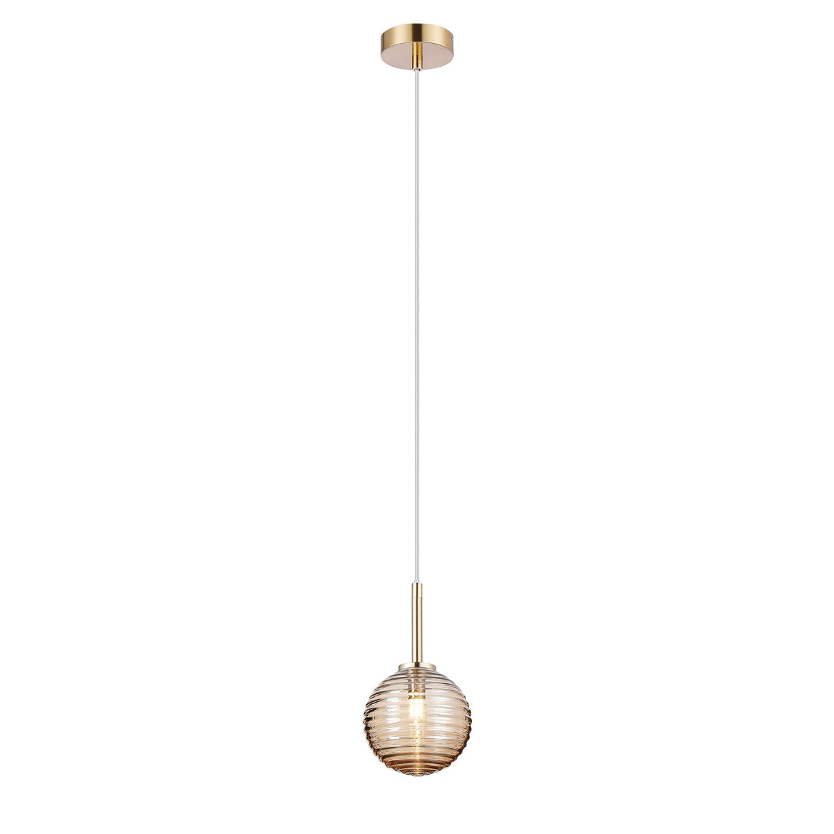 Tenterden Single Drop Pendant in Brass Gold with Ribbed Round Amber Glass Diffuser