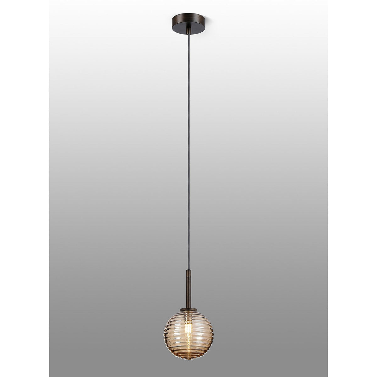 Tenterden Single Drop Pendant in Bronze with Ribbed Round Amber Glass Diffuser