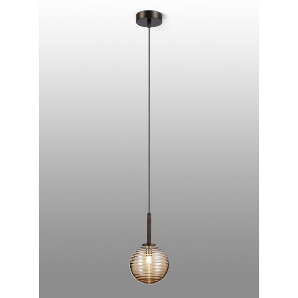 Tenterden Single Drop Pendant in Bronze with Ribbed Round Amber Glass Diffuser