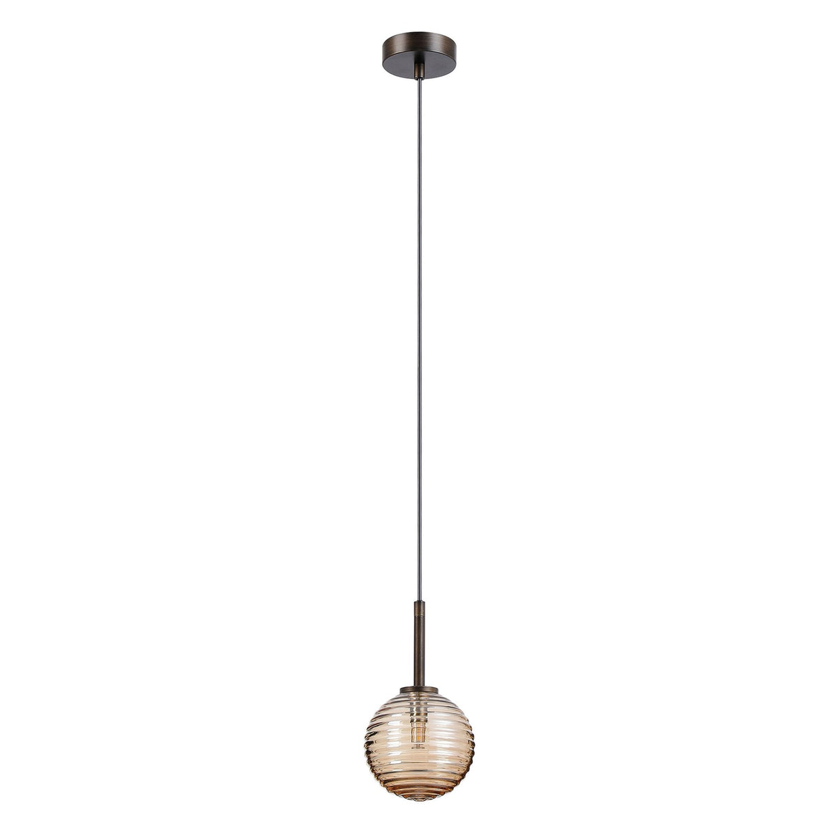 Tenterden Single Drop Pendant in Bronze with Ribbed Round Amber Glass Diffuser