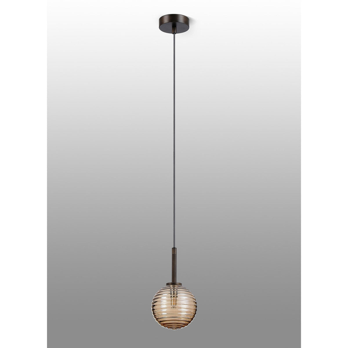 Tenterden Single Drop Pendant in Bronze with Ribbed Round Amber Glass Diffuser