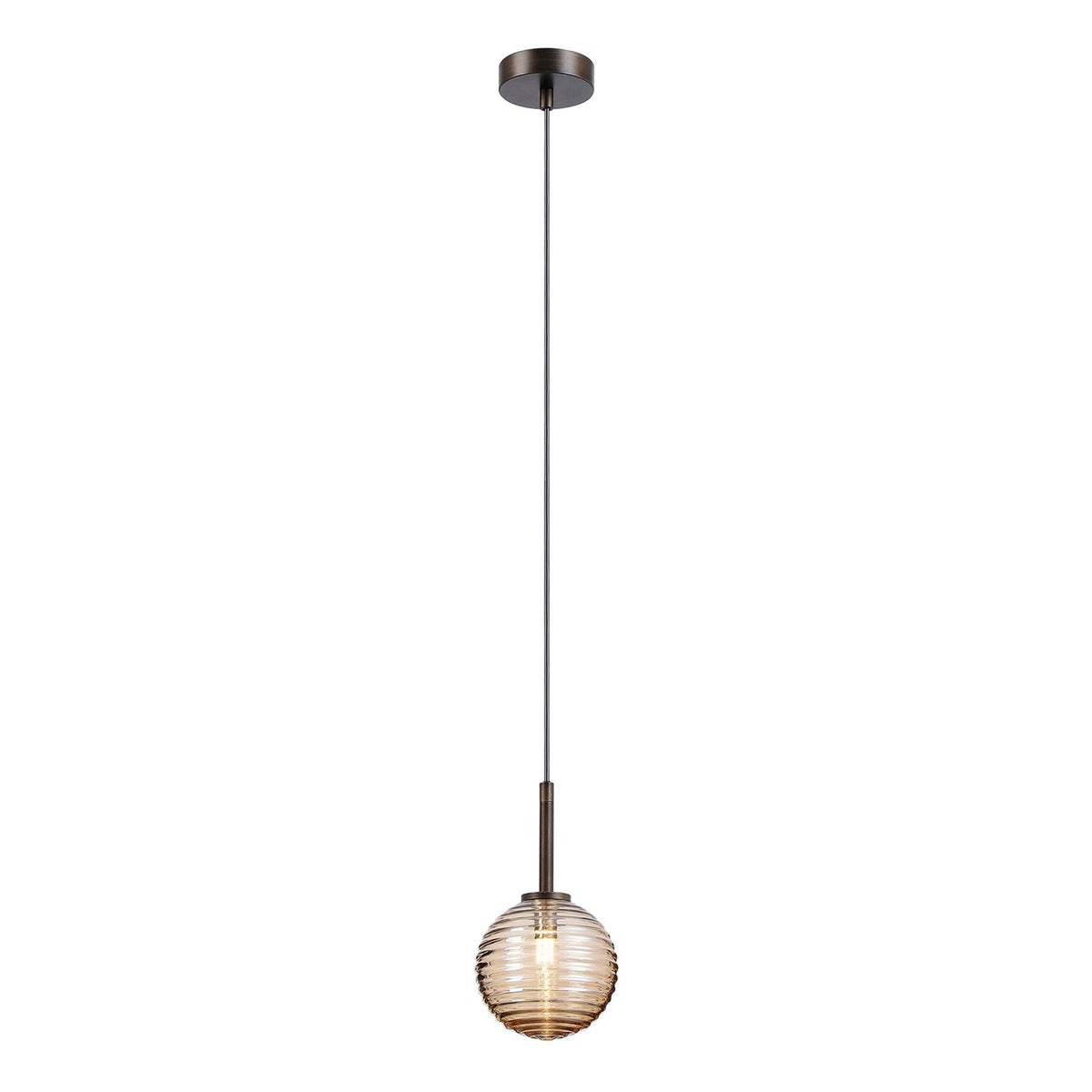 Tenterden Single Drop Pendant in Bronze with Ribbed Round Amber Glass Diffuser