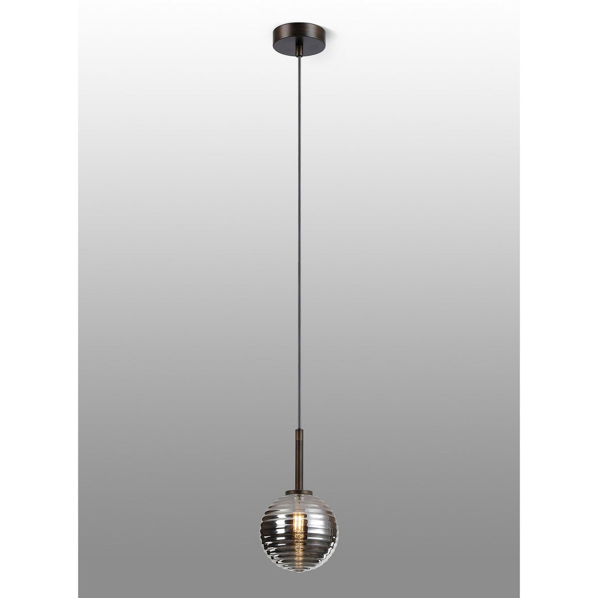 Tenterden Single Drop Pendant in Bronze with Ribbed Round Smoke Glass Diffuser