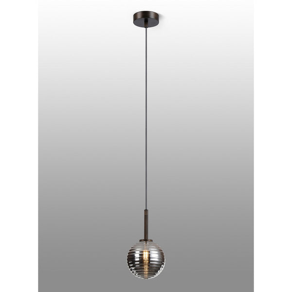 Tenterden Single Drop Pendant in Bronze with Ribbed Round Smoke Glass Diffuser