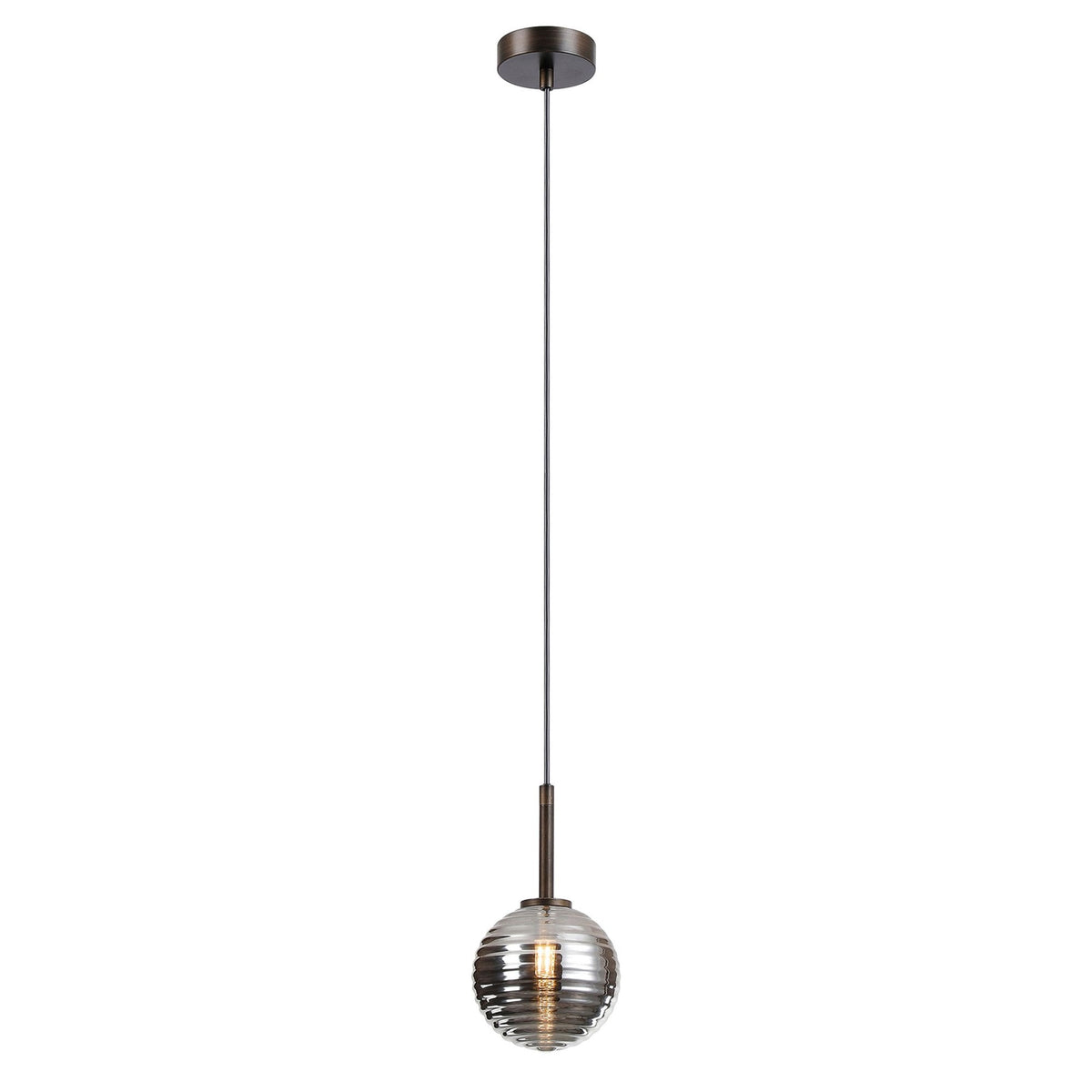 Tenterden Single Drop Pendant in Bronze with Ribbed Round Smoke Glass Diffuser
