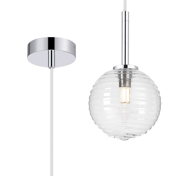 Tenterden Single Drop Pendant in Chrome with Ribbed Round Clear Glass Diffuser