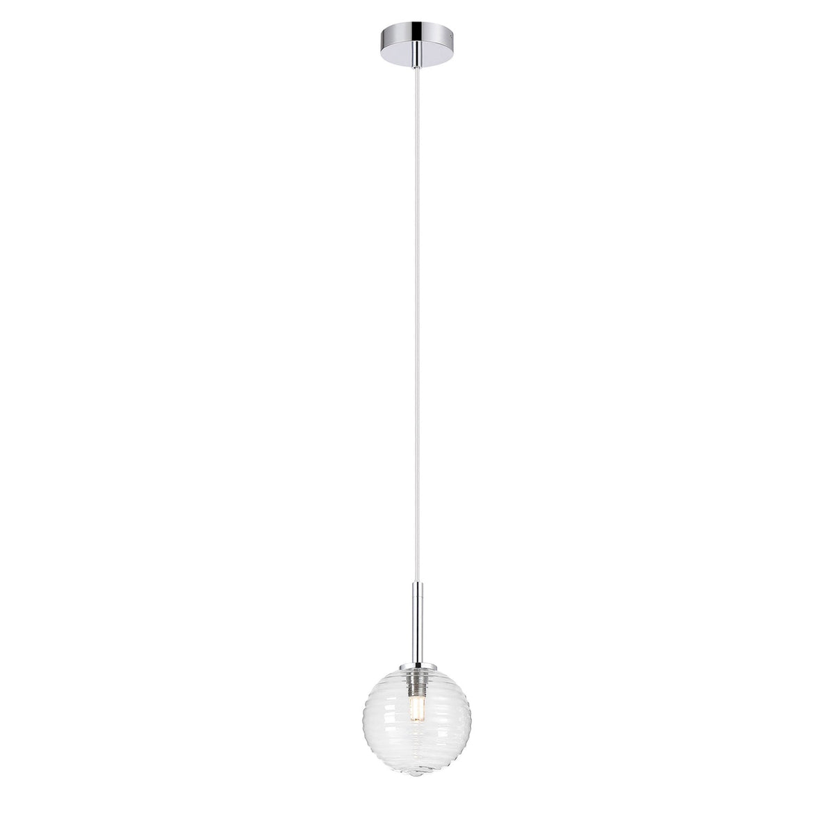 Tenterden Single Drop Pendant in Chrome with Ribbed Round Clear Glass Diffuser