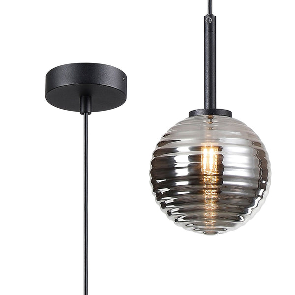 Tenterden Single Drop Pendant in Satin Black with Ribbed Round Smoke Glass Diffuser