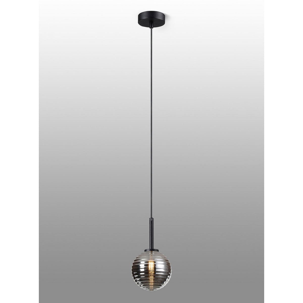 Tenterden Single Drop Pendant in Satin Black with Ribbed Round Smoke Glass Diffuser