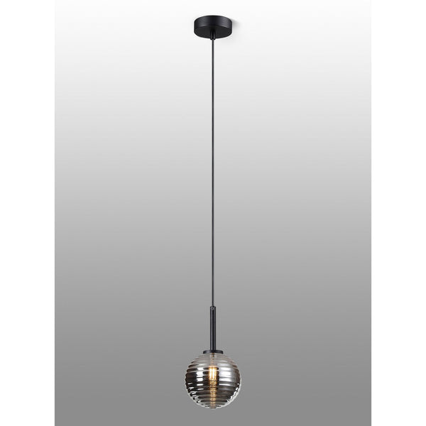 Tenterden Single Drop Pendant in Satin Black with Ribbed Round Smoke Glass Diffuser