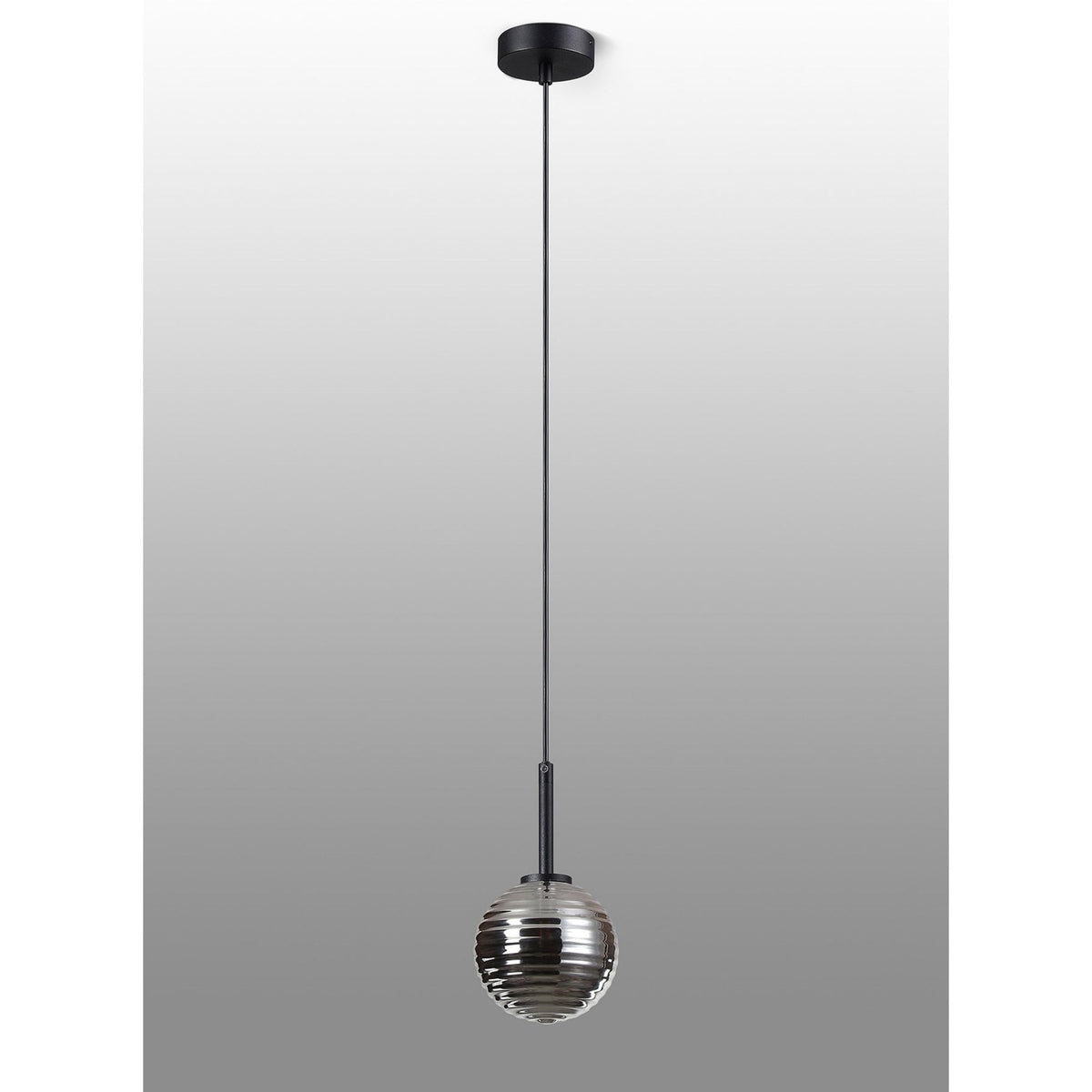 Tenterden Single Drop Pendant in Satin Black with Ribbed Round Smoke Glass Diffuser