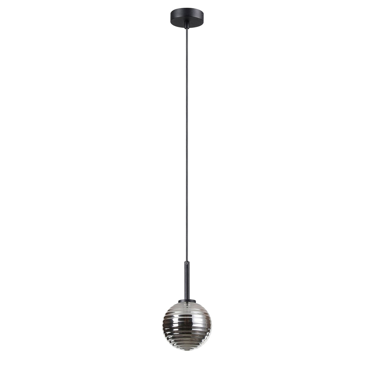Tenterden Single Drop Pendant in Satin Black with Ribbed Round Smoke Glass Diffuser