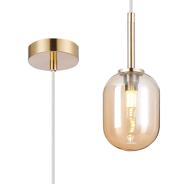 Tenterden Single Drop Pendant in Brass Gold with Smooth Tubular Amber Glass Diffuser