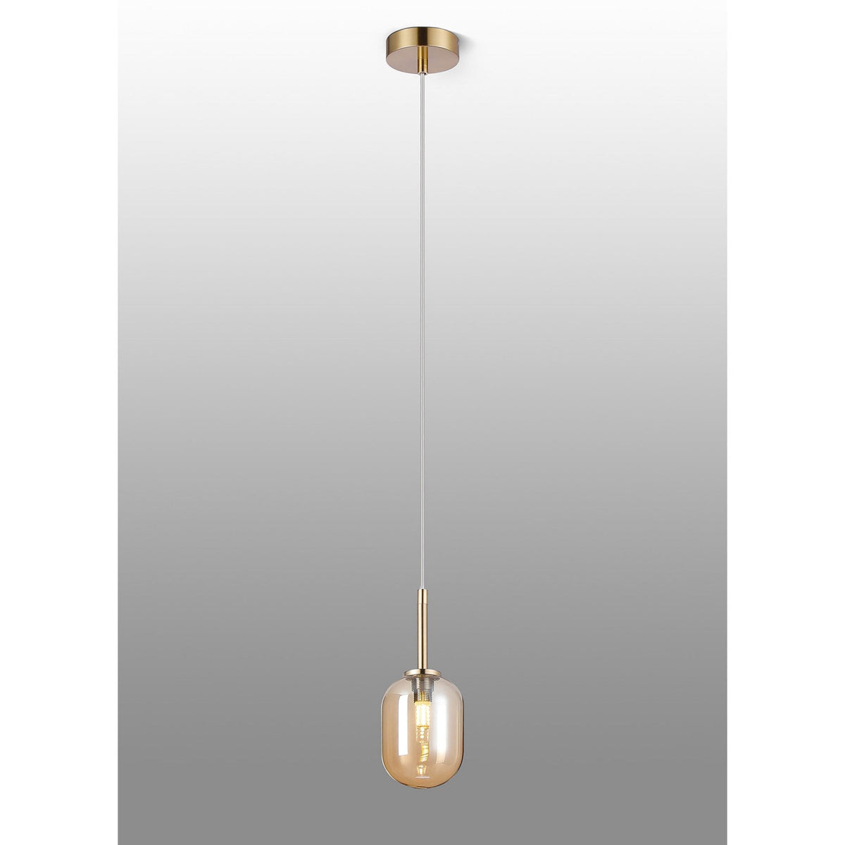 Tenterden Single Drop Pendant in Brass Gold with Smooth Tubular Amber Glass Diffuser