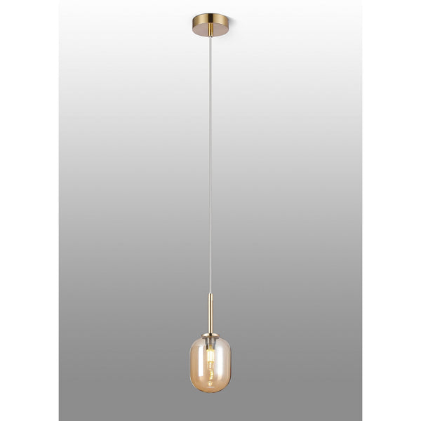 Tenterden Single Drop Pendant in Brass Gold with Smooth Tubular Amber Glass Diffuser
