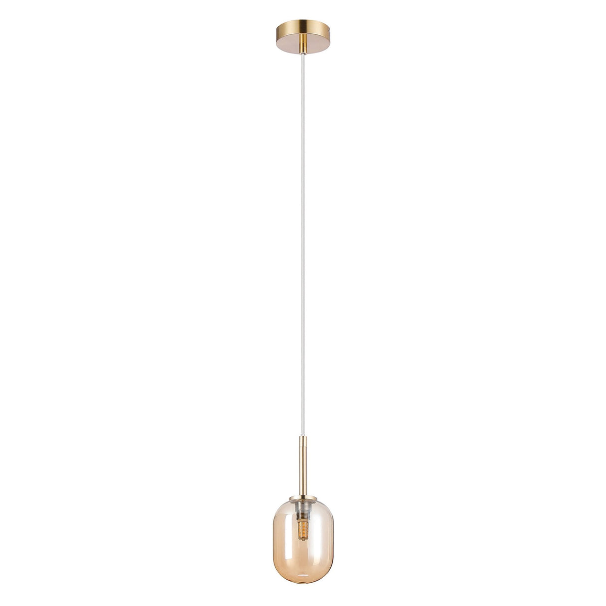 Tenterden Single Drop Pendant in Brass Gold with Smooth Tubular Amber Glass Diffuser
