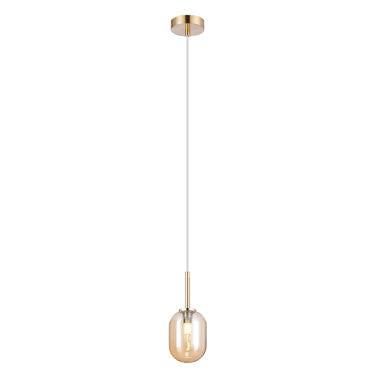 Tenterden Single Drop Pendant in Brass Gold with Smooth Tubular Amber Glass Diffuser
