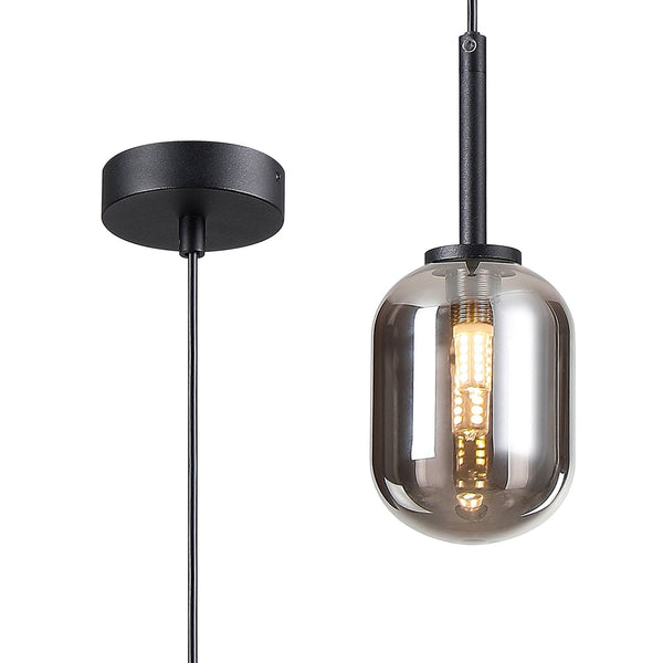 Tenterden Single Drop Pendant in Satin Black with Smooth Tubular Smoke Glass Diffuser