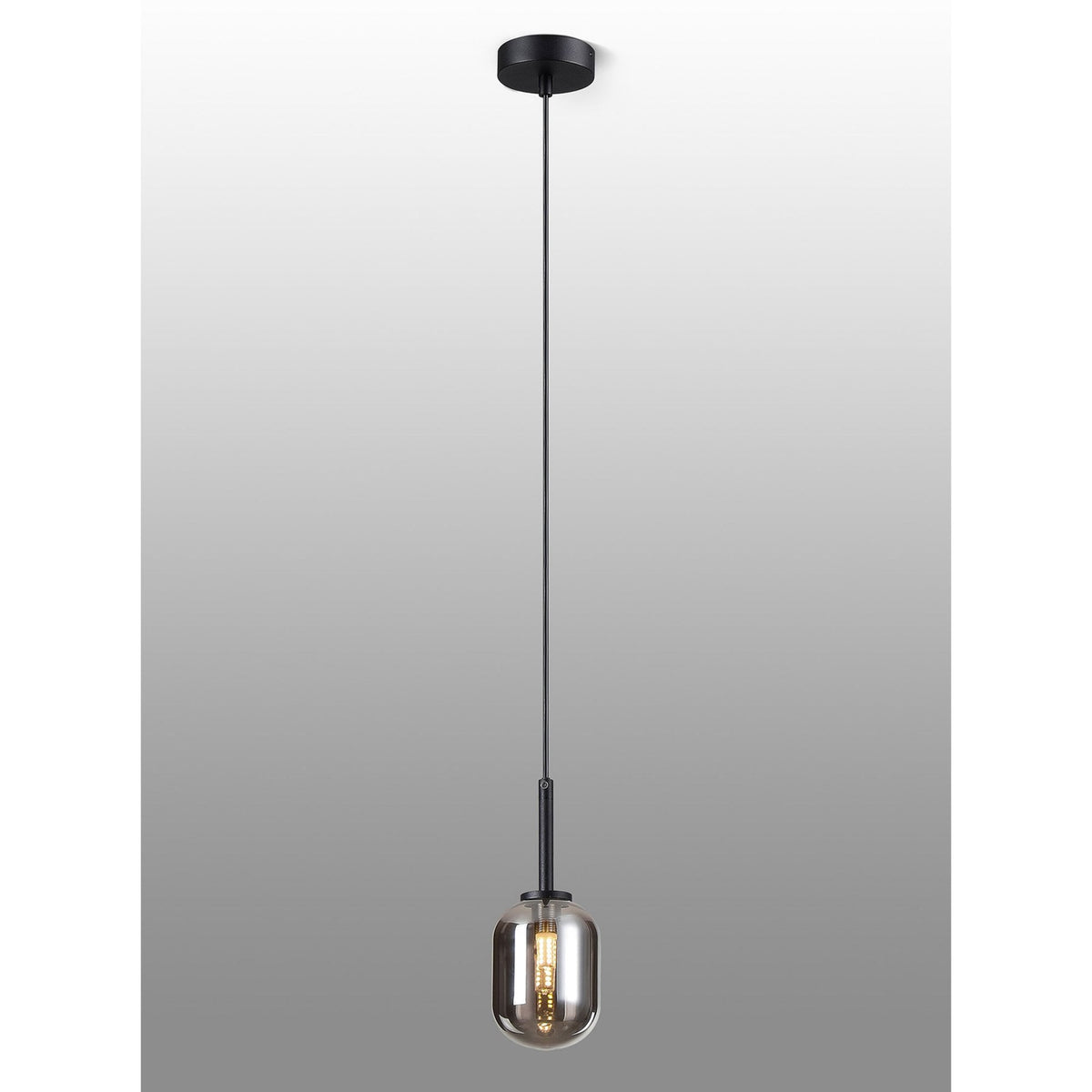 Tenterden Single Drop Pendant in Satin Black with Smooth Tubular Smoke Glass Diffuser
