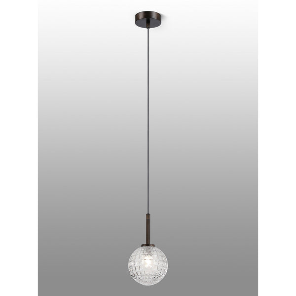 Tenterden Single Drop Pendant in Bronze with Cross Pattern Round Clear Glass Diffuser