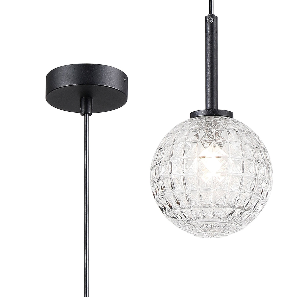 Tenterden Single Drop Pendant in Satin Black with Cross Pattern Round Clear Glass Diffuser