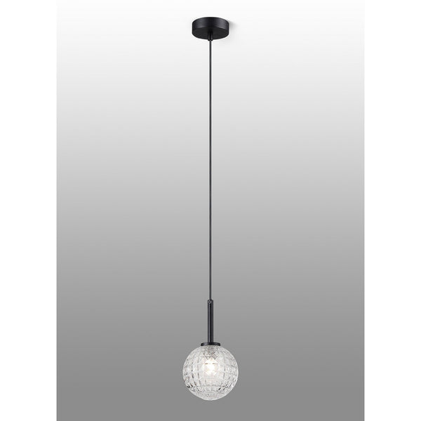 Tenterden Single Drop Pendant in Satin Black with Cross Pattern Round Clear Glass Diffuser