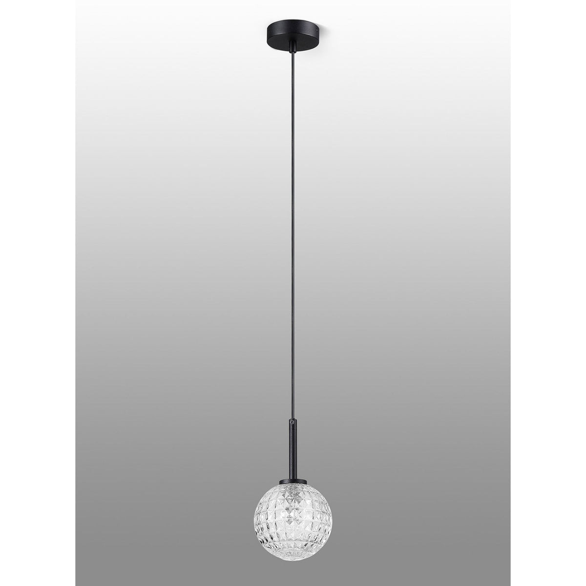 Tenterden Single Drop Pendant in Satin Black with Cross Pattern Round Clear Glass Diffuser