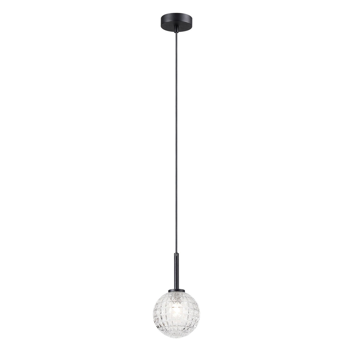 Tenterden Single Drop Pendant in Satin Black with Cross Pattern Round Clear Glass Diffuser