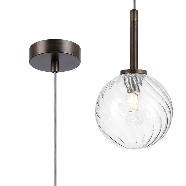 Tenterden Single Drop Pendant in Bronze with Swirl Round Clear Glass Diffuser
