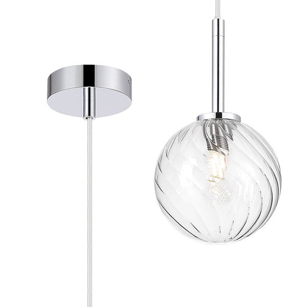 Tenterden Single Drop Pendant in Chrome with Swirl Round Clear Glass Diffuser