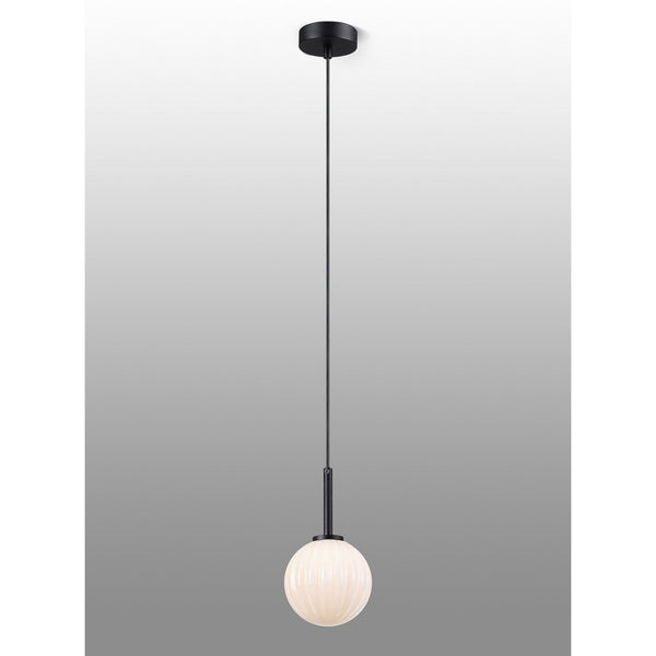Tenterden Single Drop Pendant in Satin Black with Segment Round Opal Glass Diffuser