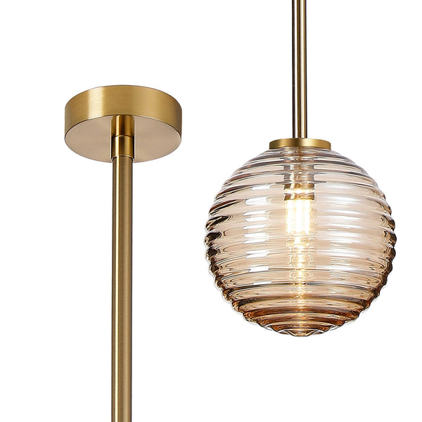 Tenterden Telescopic Single Drop Pendant in Brass Gold with Ribbed Round Amber Glass Diffuser